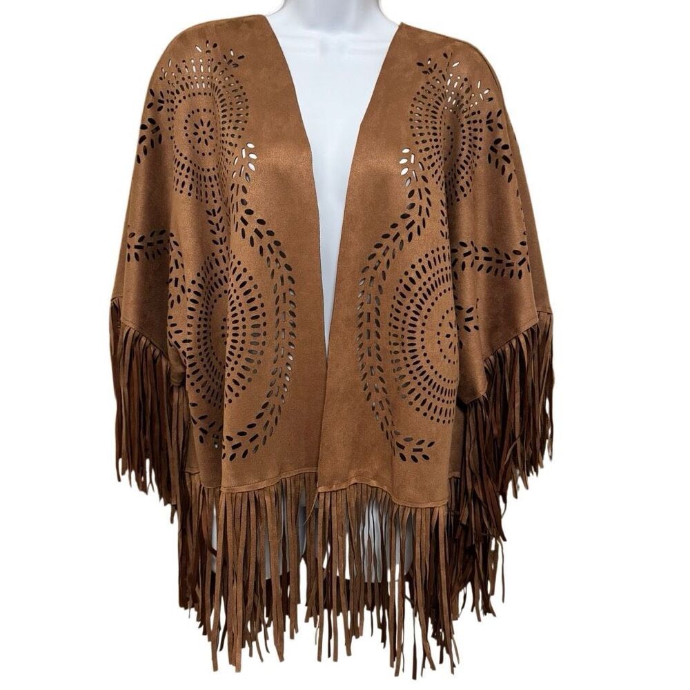 LIV Los Angeles Fringe Jacket Laser Cut Faux Suede Boho Western 70s L NWT